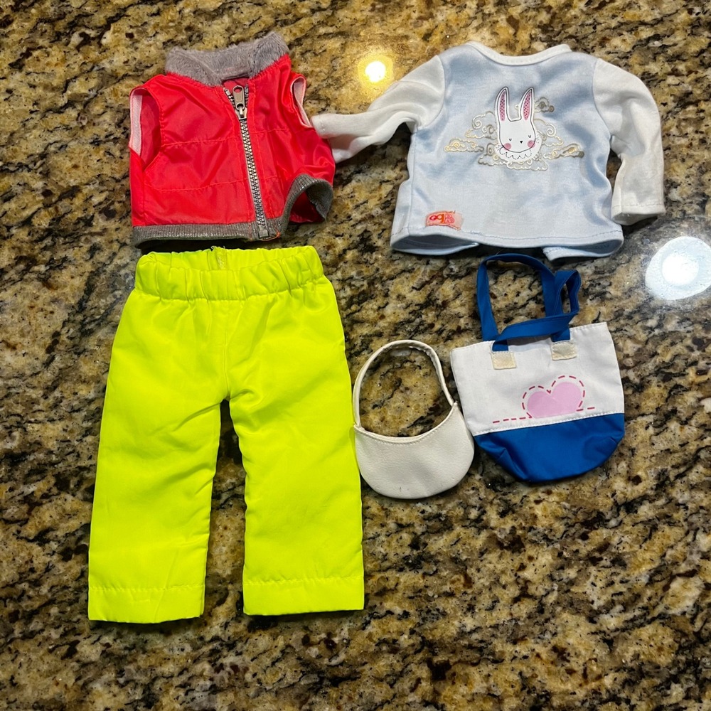 Our Generation Doll Clothes Bundle 18" Bunny Top Neon Pants Puffer Vest Bags